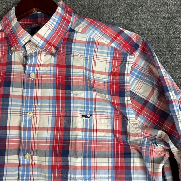 Vineyard Vines Shirt Mens Large Slim Fit Tucker Button Down Red Blue Plaid Cotto - Picture 3 of 7
